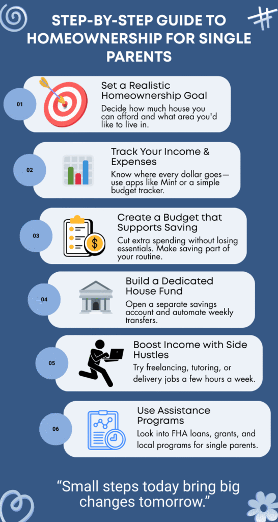 Infographic showing six clear steps for how to save for a house as a single parent including budgeting, building savings, and using grants